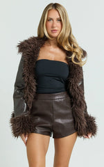 Eileen Coat - Faux Fur Trim Faux Leather Coat in Dark Brown